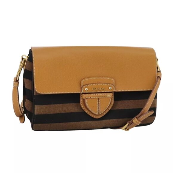 PRADA Shoulder Bag Canvas Brown Gold Auth - Picture 1 of 16